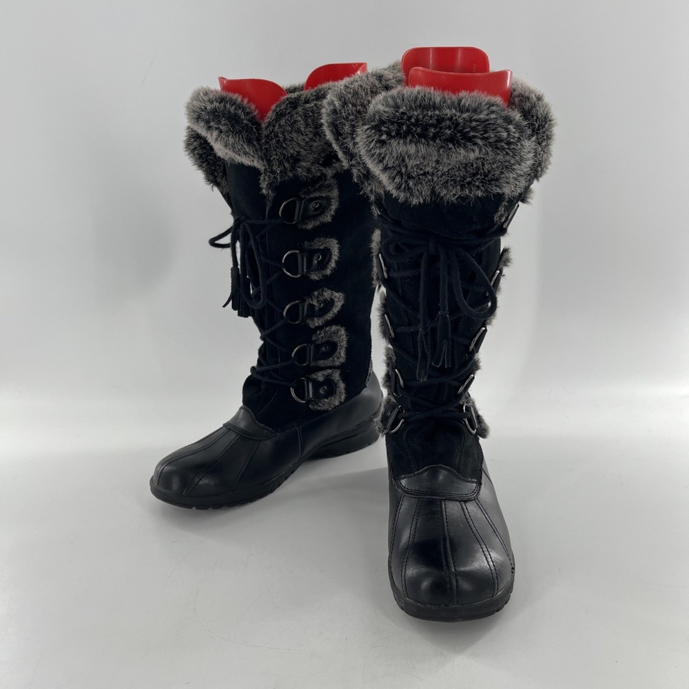Vintage Nine West Knee High Womens 10 M Black Tall Mucker Duck Leather Suede Fur